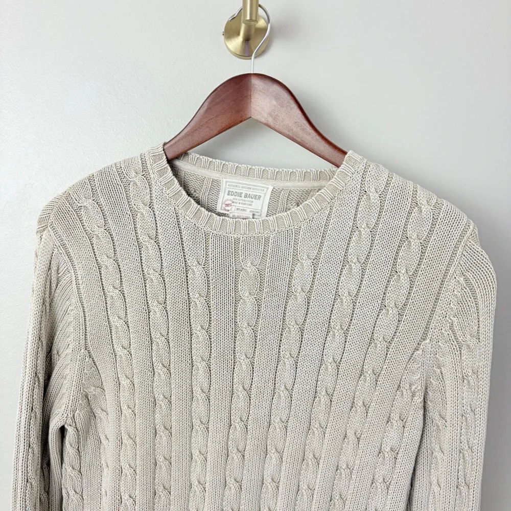 VTG Eddie Bauer Cotton Sweater Fisherman Beige‎ Cable Knit Men's L Classic TSITP - Picture 2 of 10